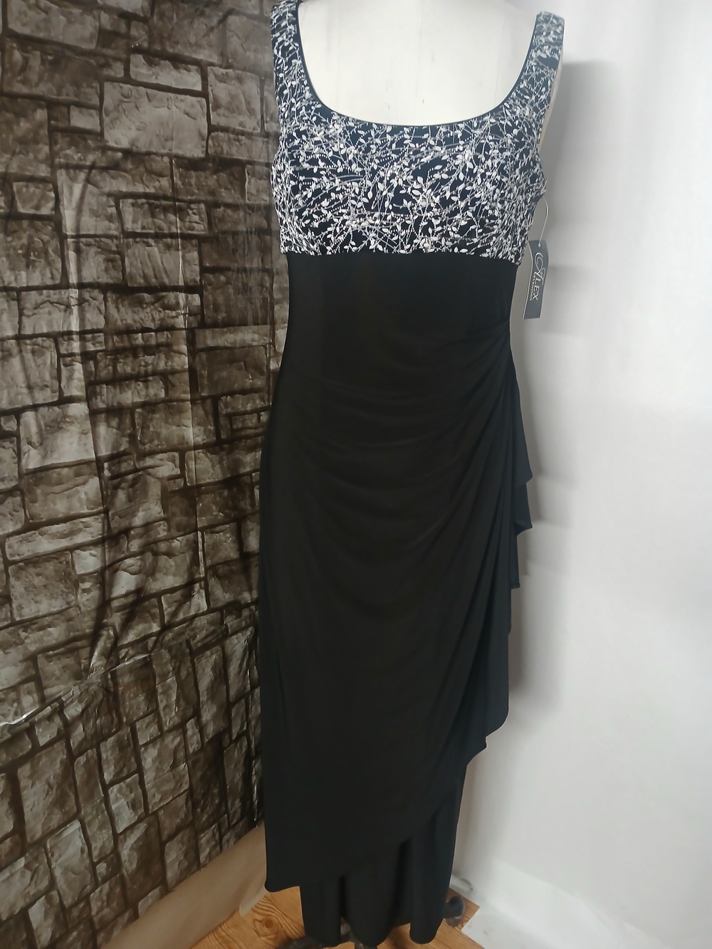 Alex Evenings Black Maxi Dress with Navy and White Printed Bodice